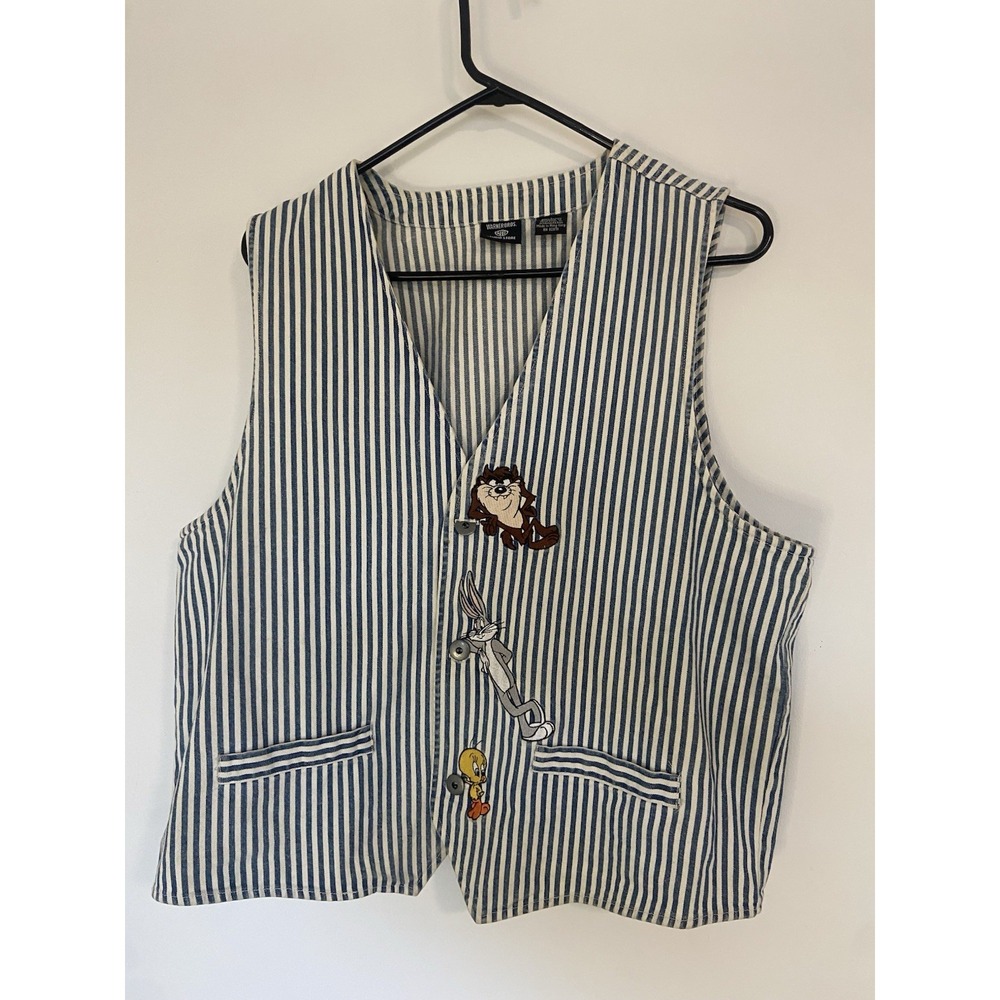 Looney Toons Striped Denim Embroidered Vest Tweety Taz Bugs‎ Bunny-Size Large